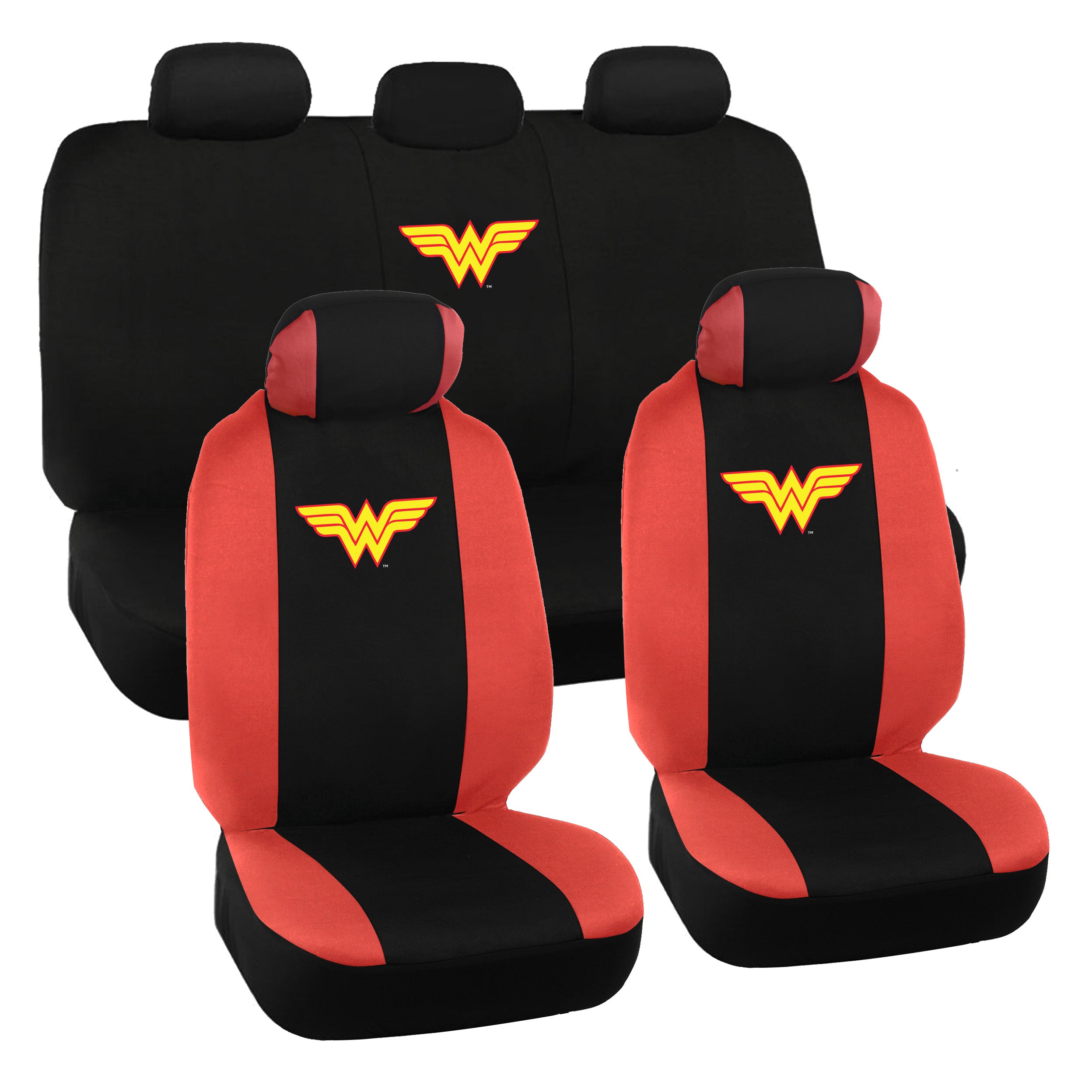 Wonder Woman Car Seat Covers - Full 9 Piece Set - Warner Brothers Polyester Seat Protectors Black & Red