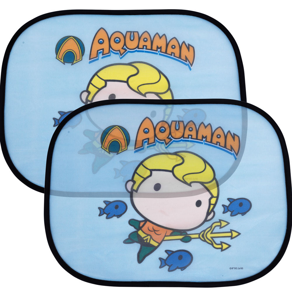 2  Pack Cute Chibi Aquaman Side Car Window Sun Shade - 17"x13" Licensed DC Comics Superhero Cling Sunshade for Glare-UV Ray Protection for You and Your Child Baby–Universal Fit for Car Sedan Truck SUV