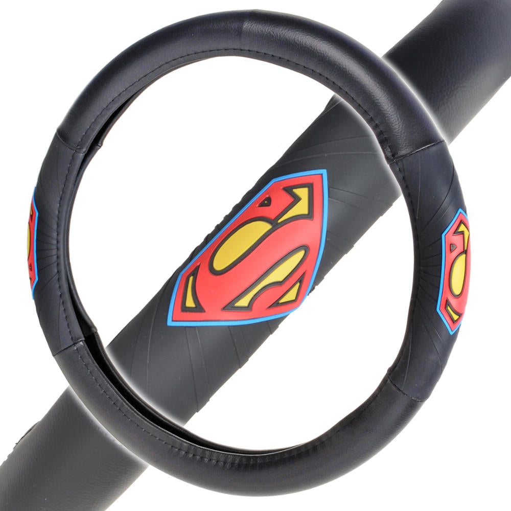 BDK Superman Classic Blue/Red Logo Black Leather Rubber Grip Steering Wheel Cover for Car & SUV Fits Wheels 14.5 15 15.5 In.