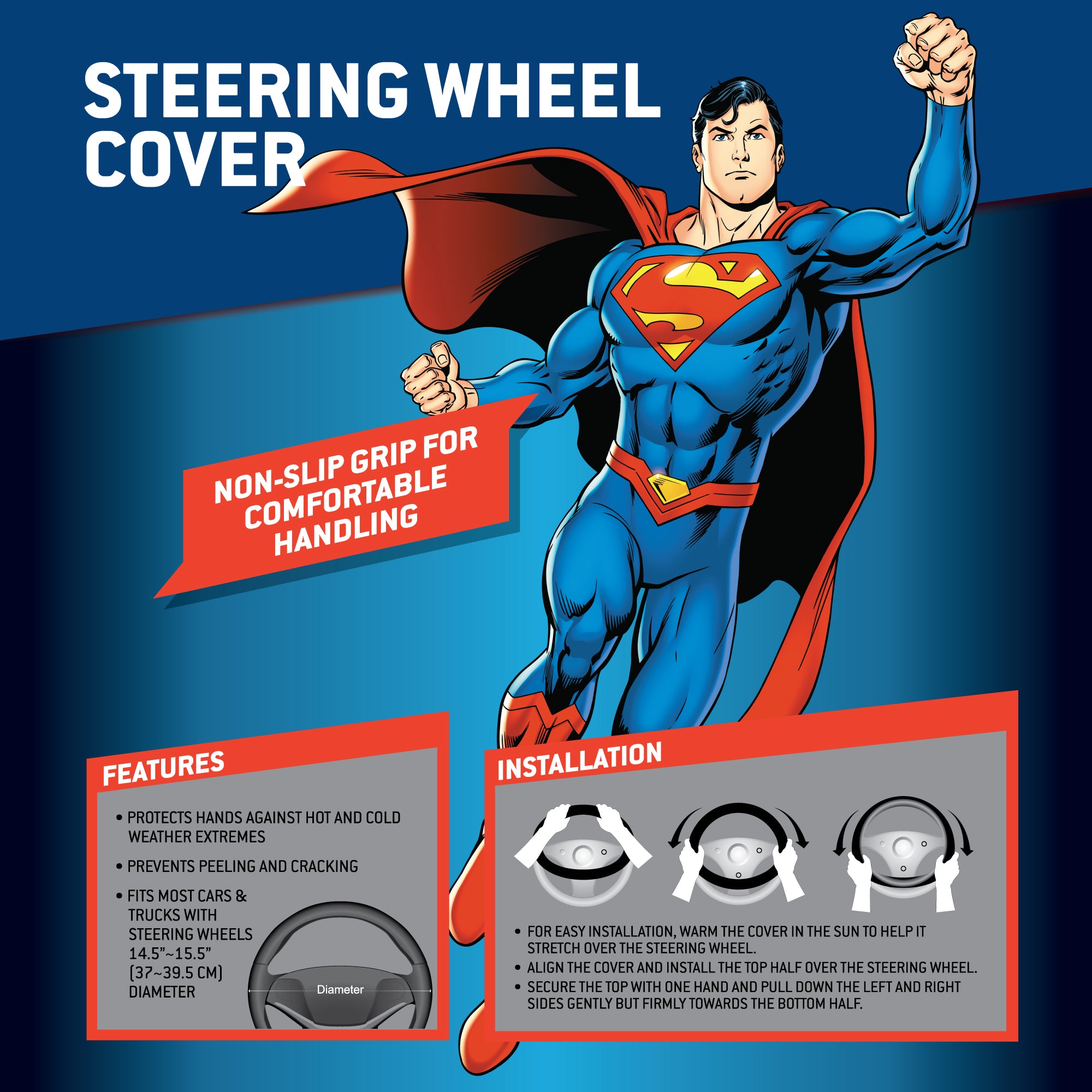 Superman Car Steering Wheel Cover - Universal Fit Steering Wheel Cover with Officially Licensed Warner Brothers Graphics